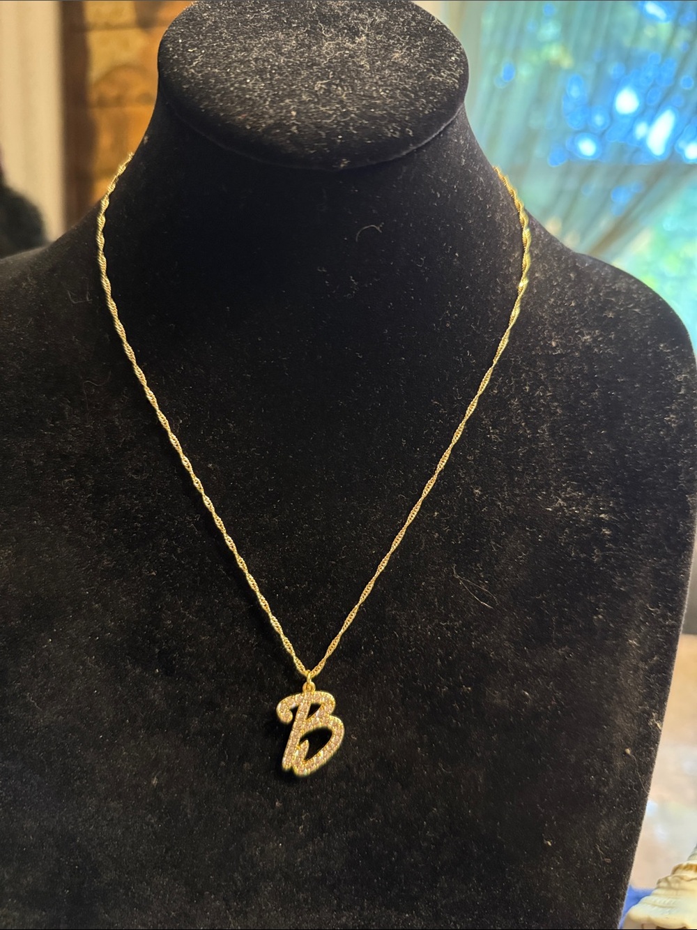 Initial Script Letter B cubic zirconia, gold tone, fancy chain necklace